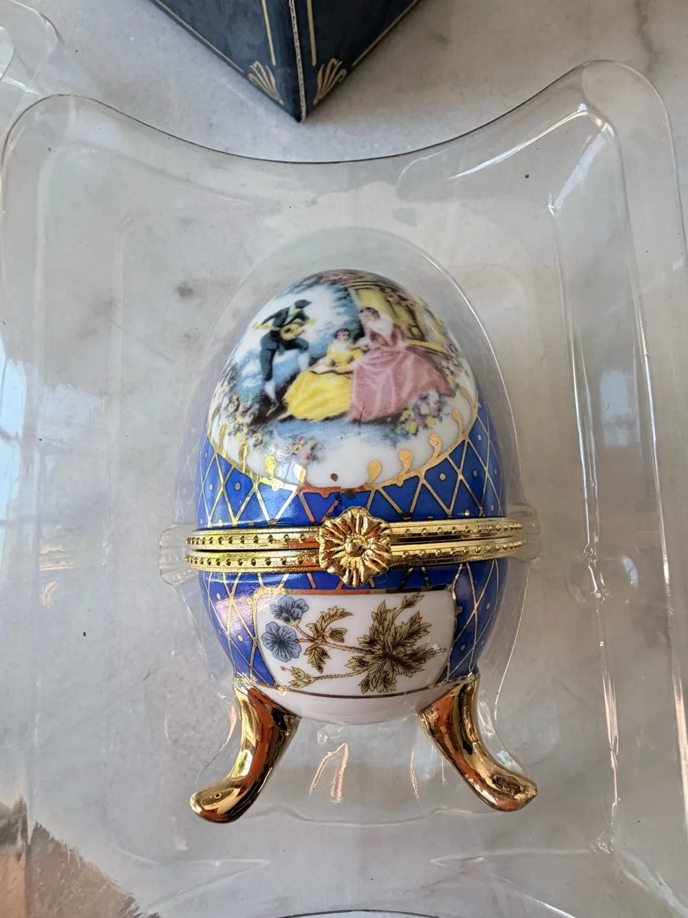 Blue Decorative Porcelain Egg Trinket Box with Gold Accents